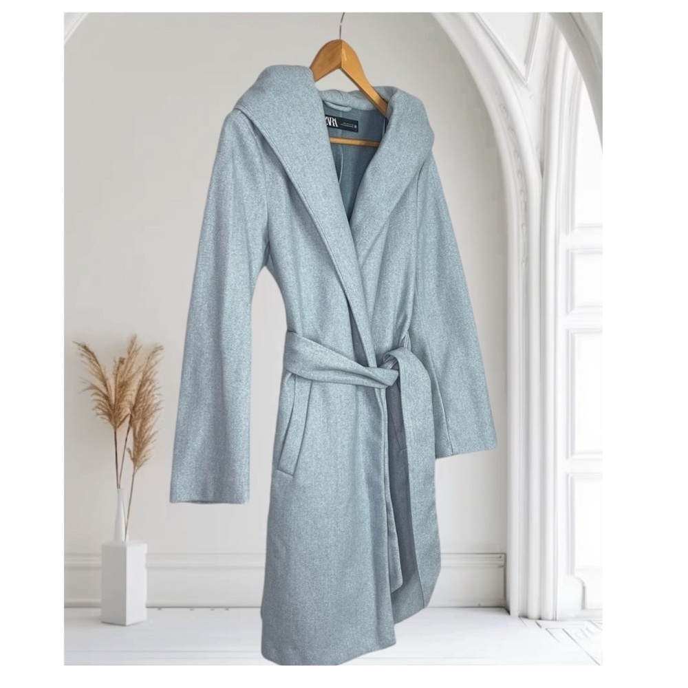 Zara Light Blue Shawl Collar Hooded belted Coat M